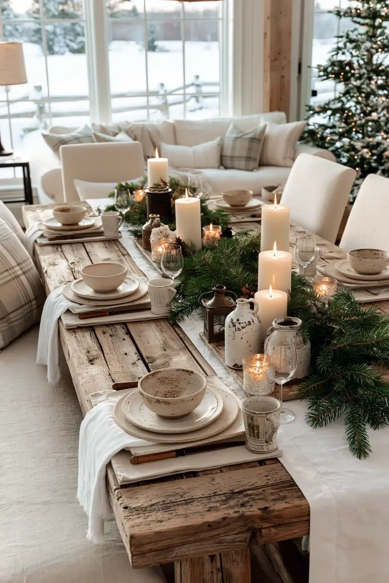A snowy farmhouse Christmas table with white linens, wood chargers, and evergreen accents