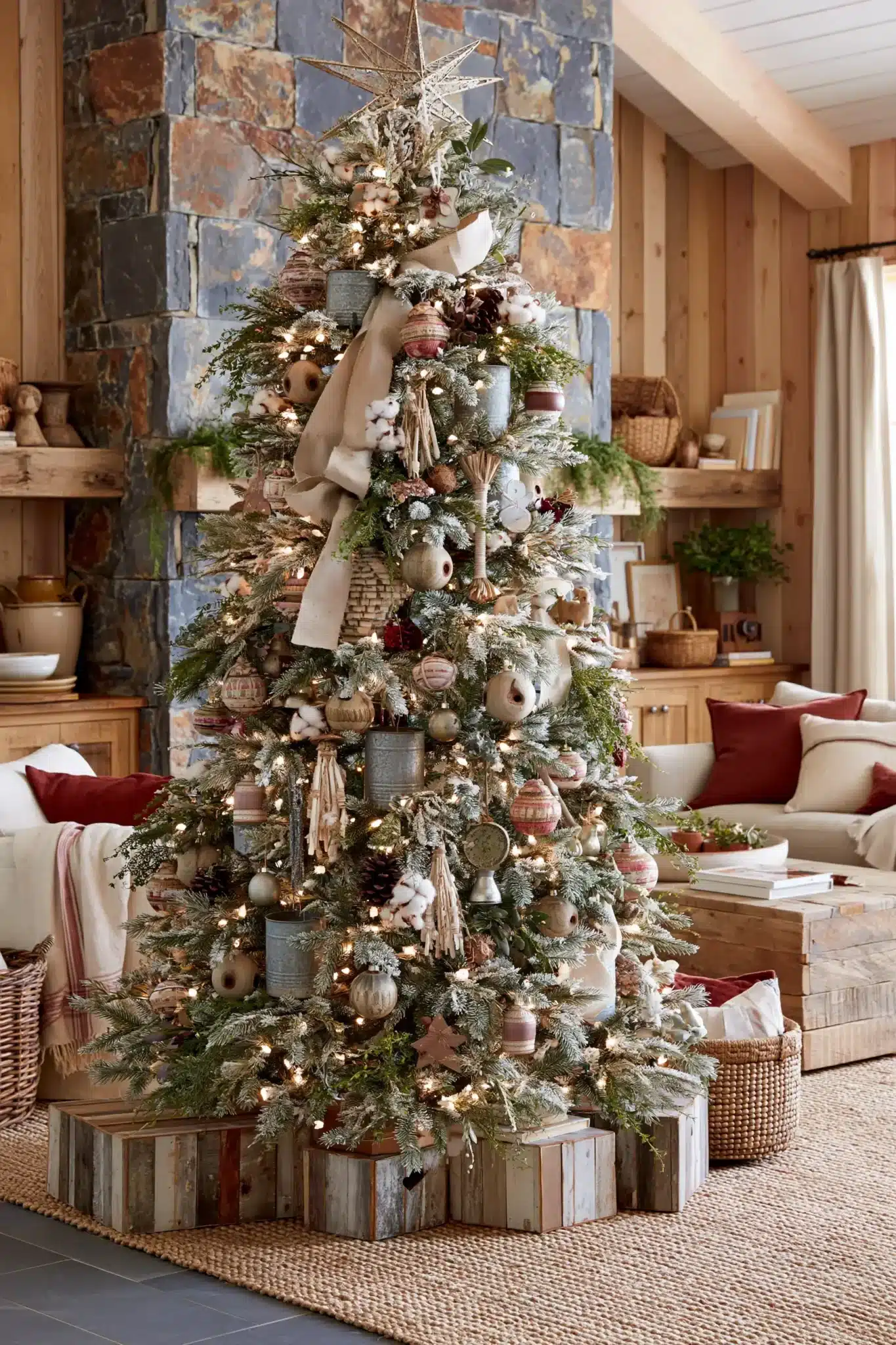 Farmhouse style Christmas tree with burlap ribbon, wood accents, and galvanized ornaments