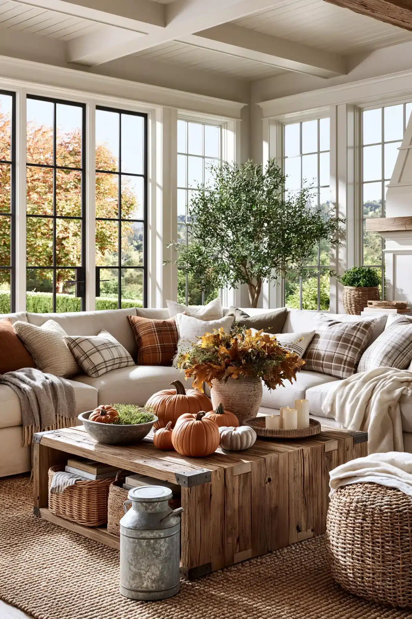 Farmhouse harvest touches with baskets, rustic wood, soft textiles, and pumpkins.