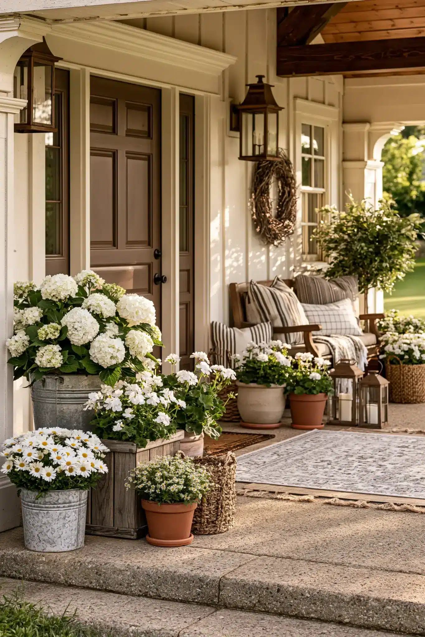 A farmhouse spring porch with rustic containers, blooming flowers, and casual seasonal decor.