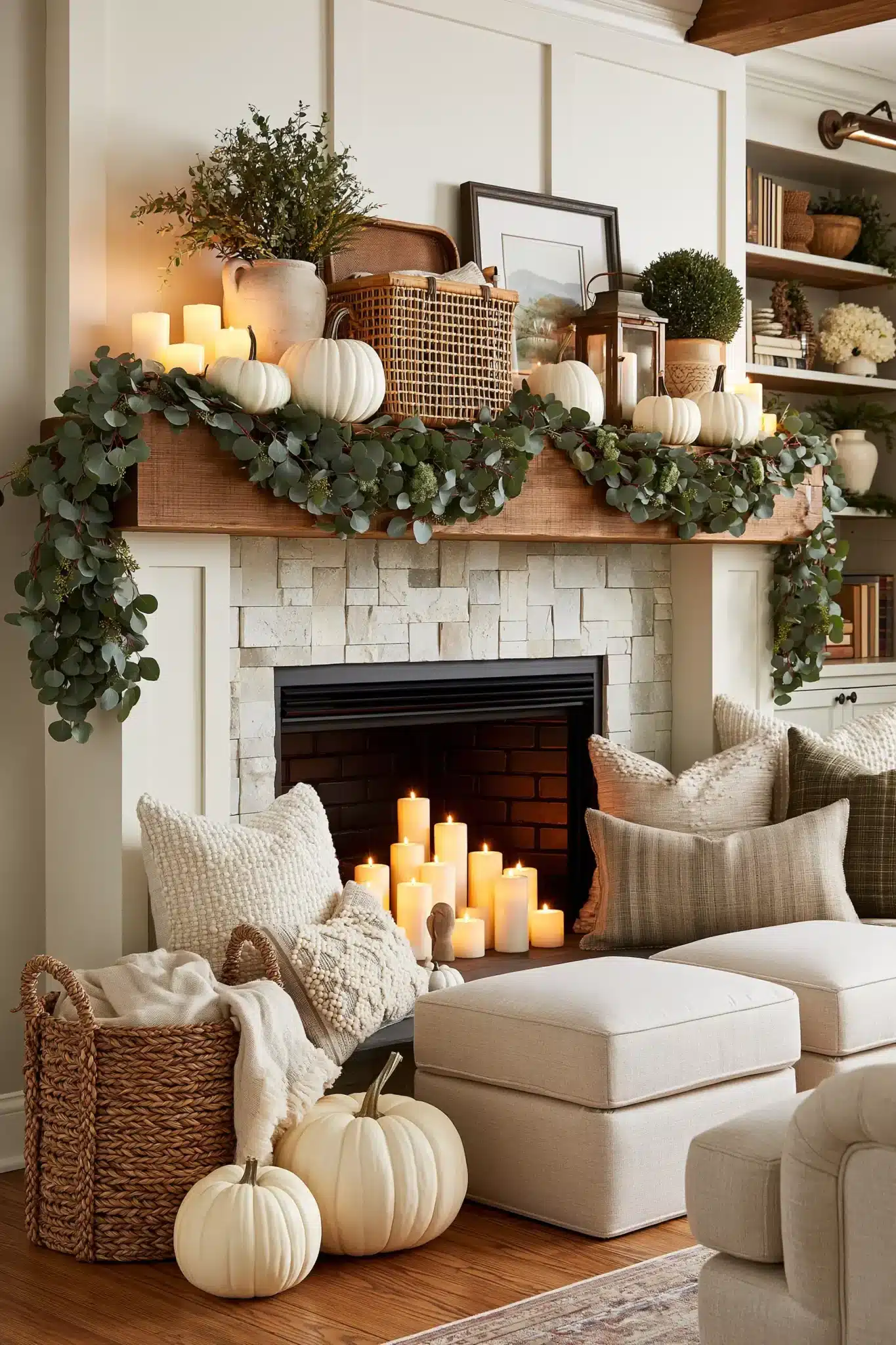 Farmhouse Thanksgiving mantel with plaid accents, candles, white pumpkins, and eucalyptus.