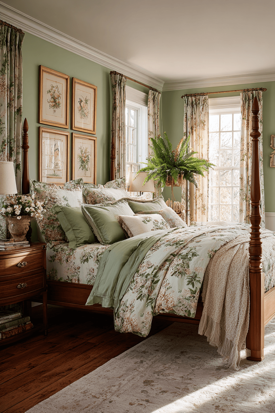 Bedroom with floral and fern decor, soft colors, and a mix of modern vintage styling
