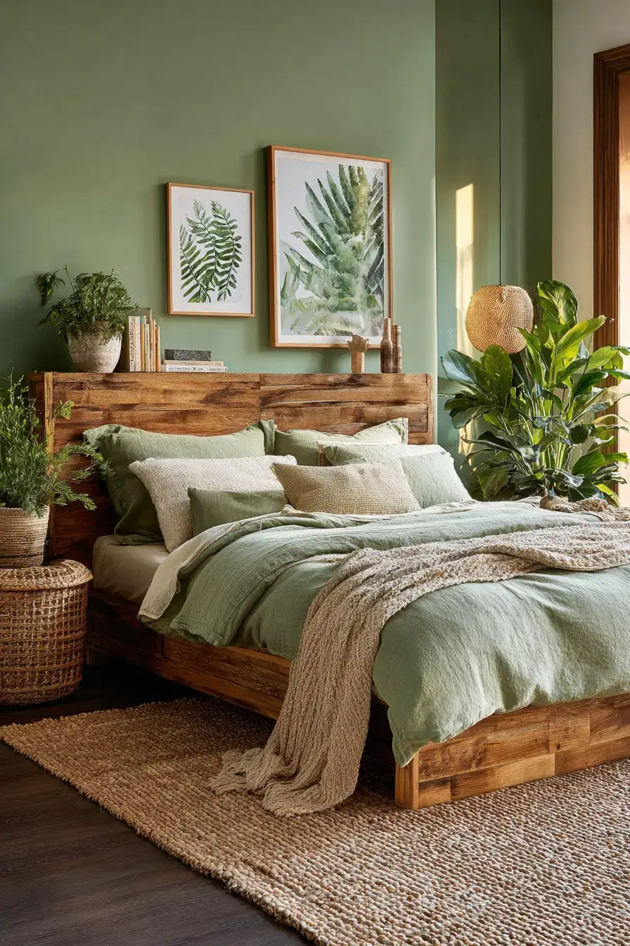 A fern-inspired green boho bedroom with botanical artwork and organic decor