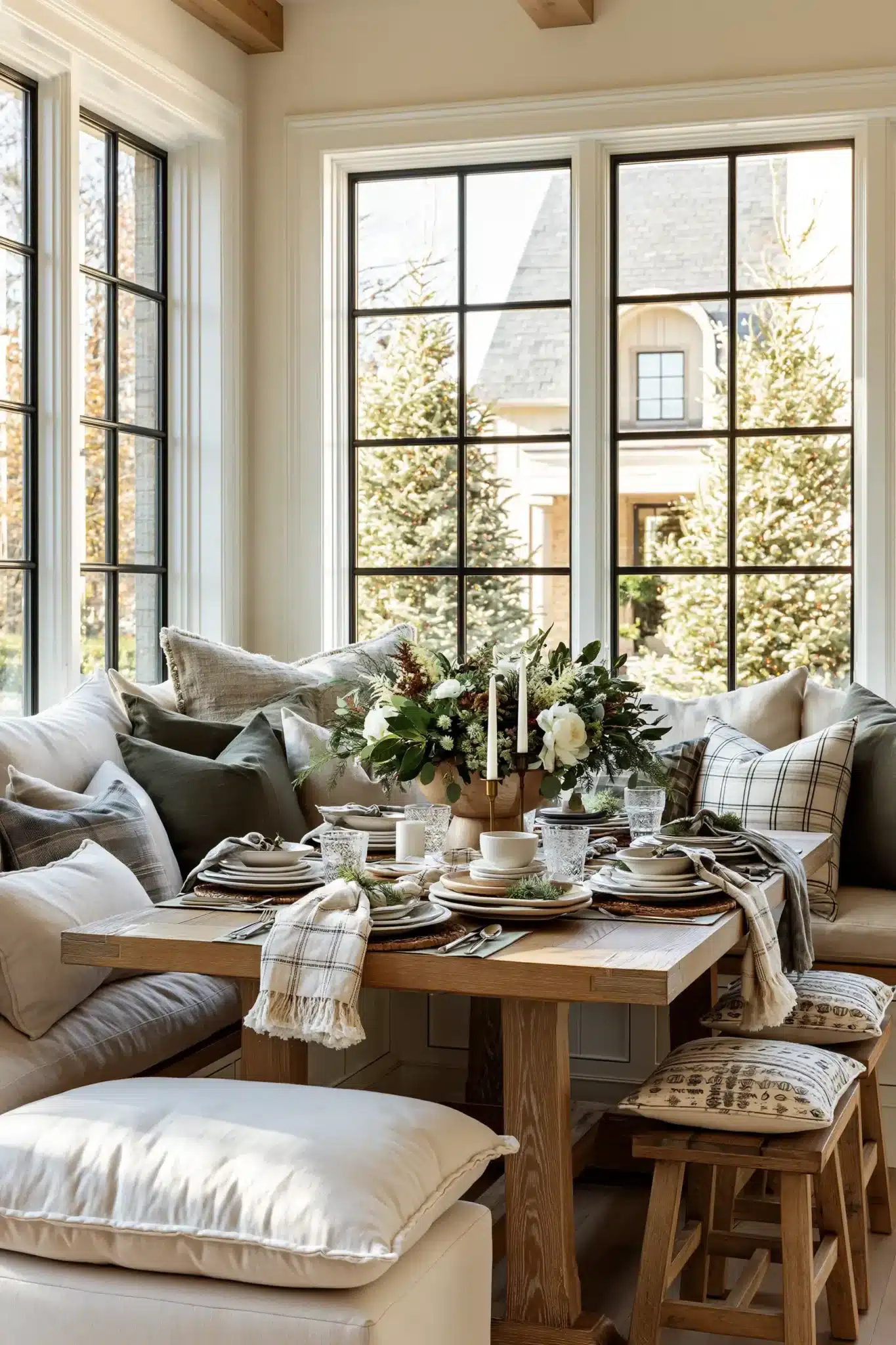A cheerful breakfast nook decorated for the holidays
