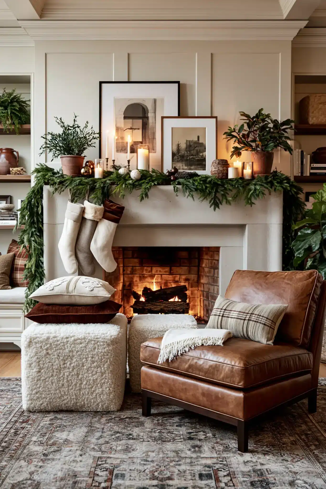 Festive Christmas mantel styled as a fireplace centerpiece with garland and stockings