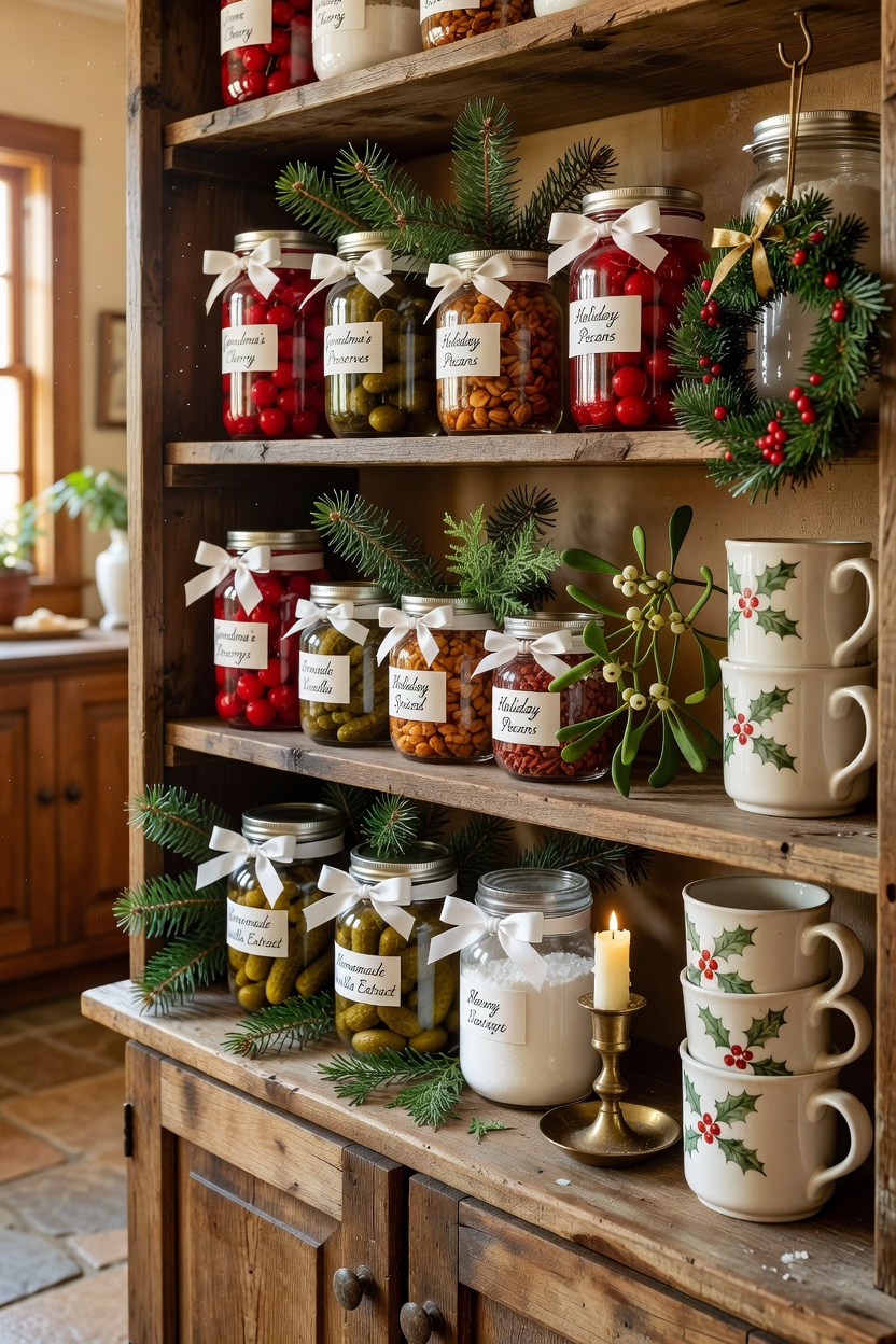 Pantry shelves styled with classic Christmas decor and holiday baking supplies