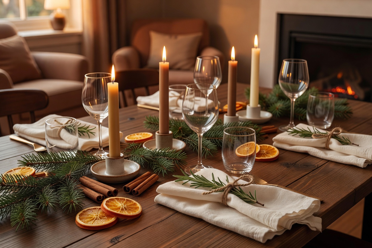 A Christmas table with rosemary tied to linen napkins, orange slices, cinnamon sticks, and candlelight