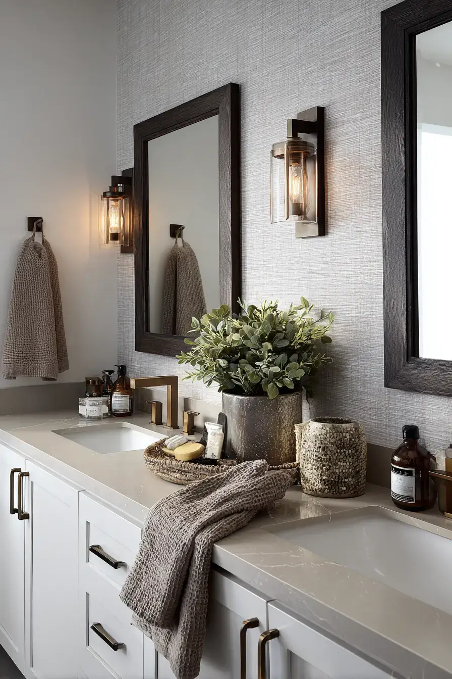 Sophisticated bathroom with metallic accents, neutral tones, and fresh towels