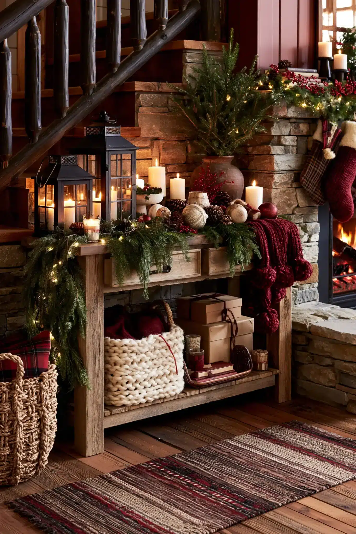 Cozy fireplace-inspired Christmas entryway table with lanterns, knit textures, and candles