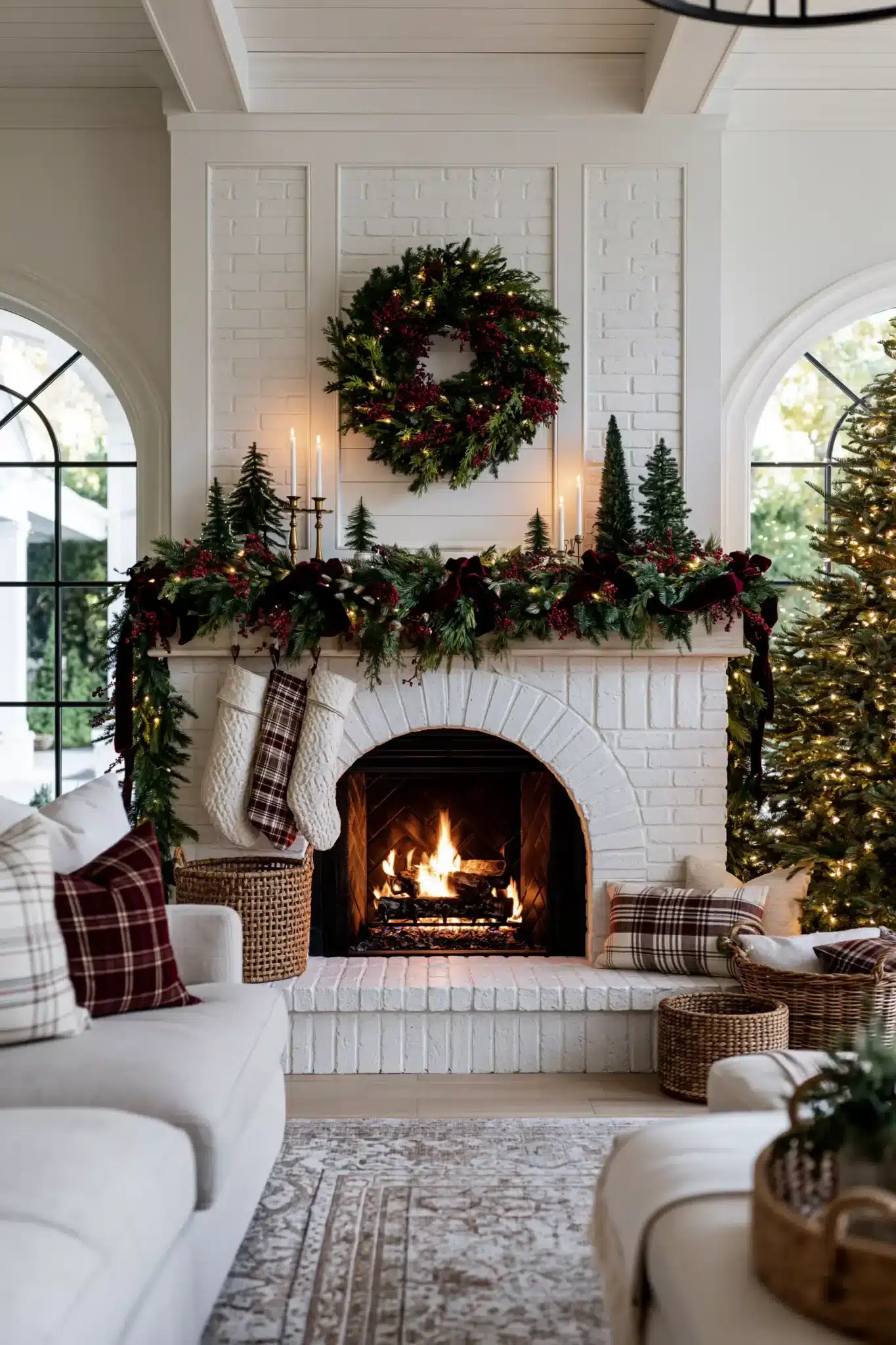 Traditional Christmas mantel decorated with garland, stockings, candles, and greenery.