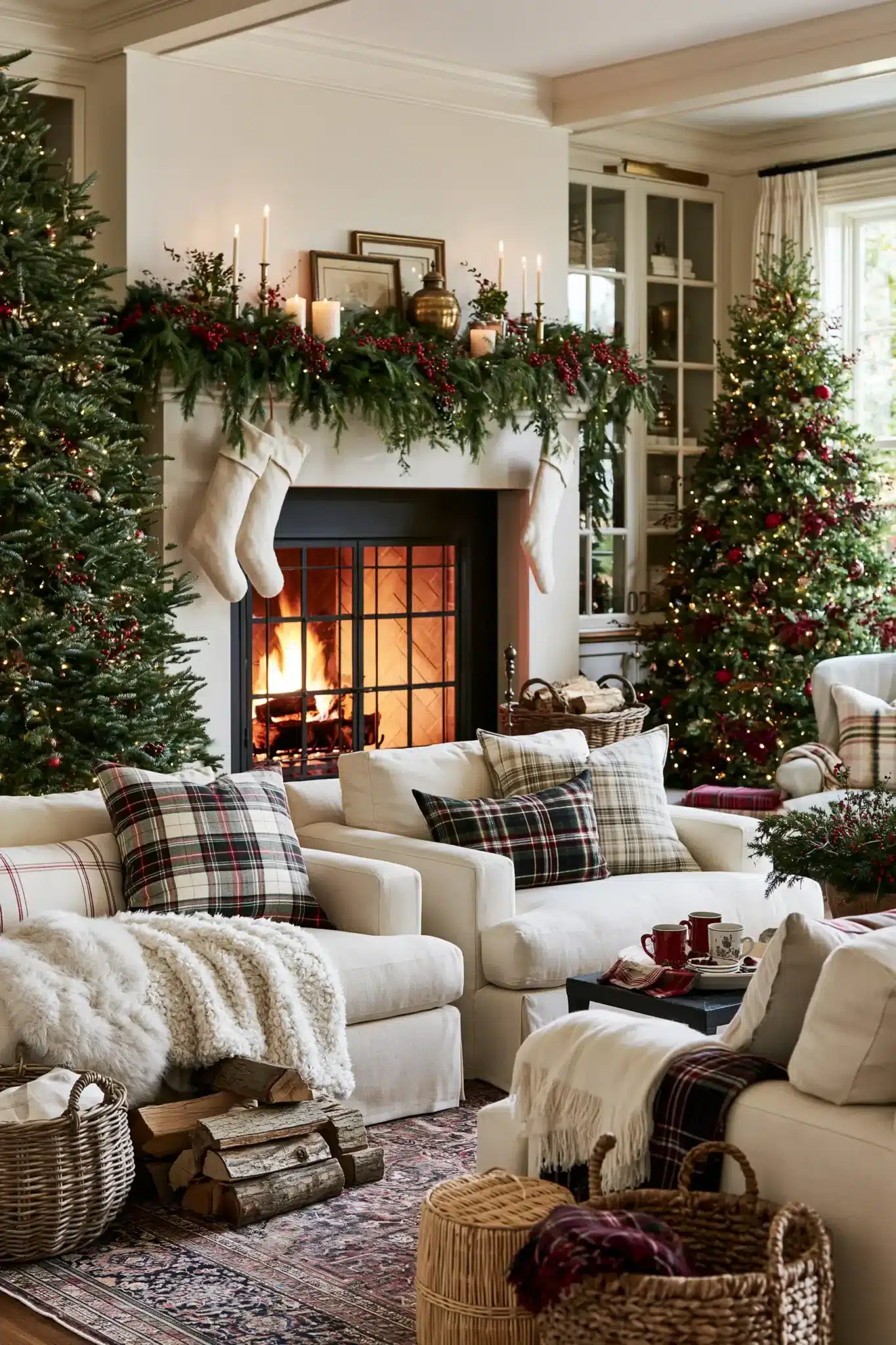 Cozy fireside Christmas decor with stockings, greenery, and plaid accents.