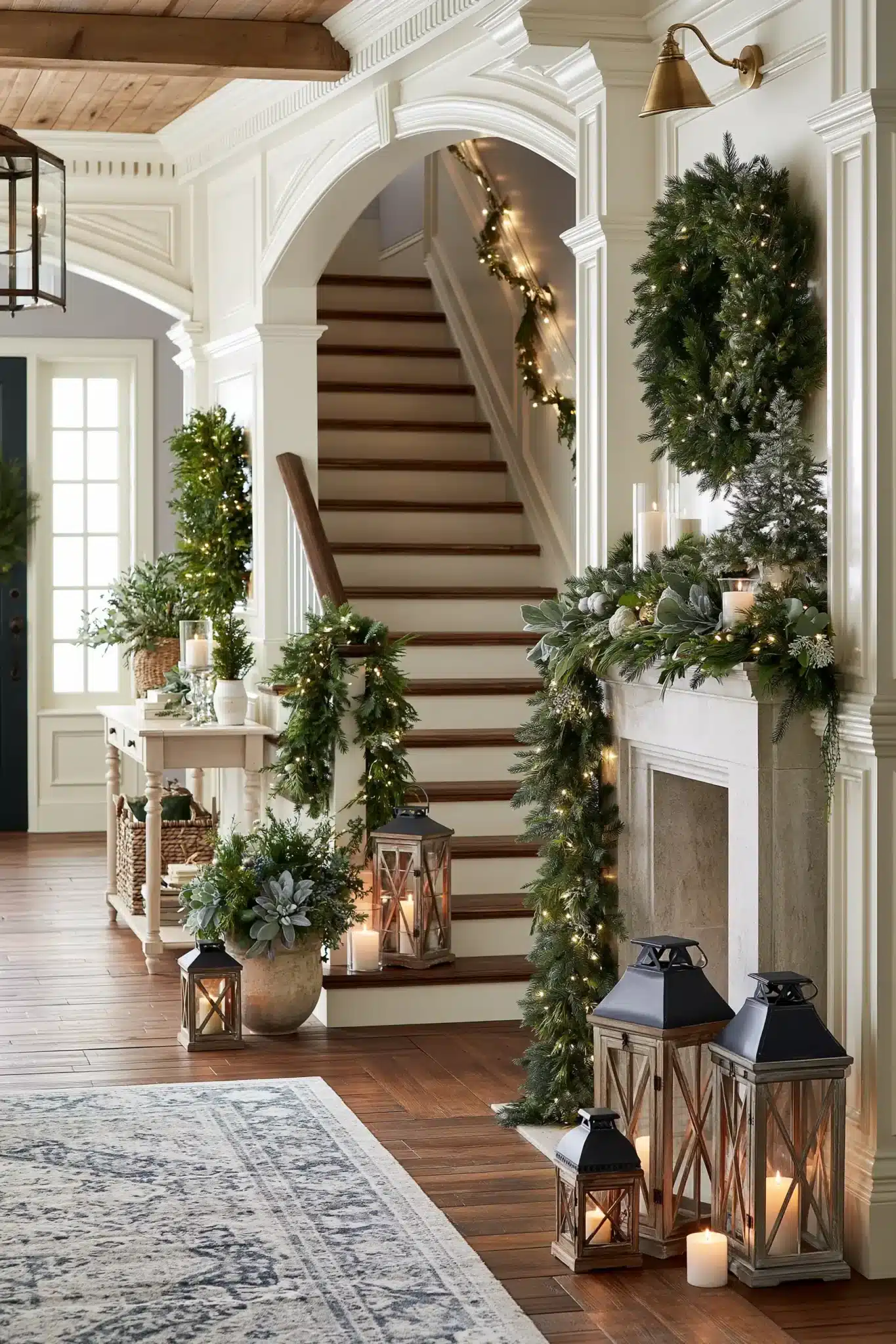 A charming entryway decorated for Christmas with wreaths and greenery