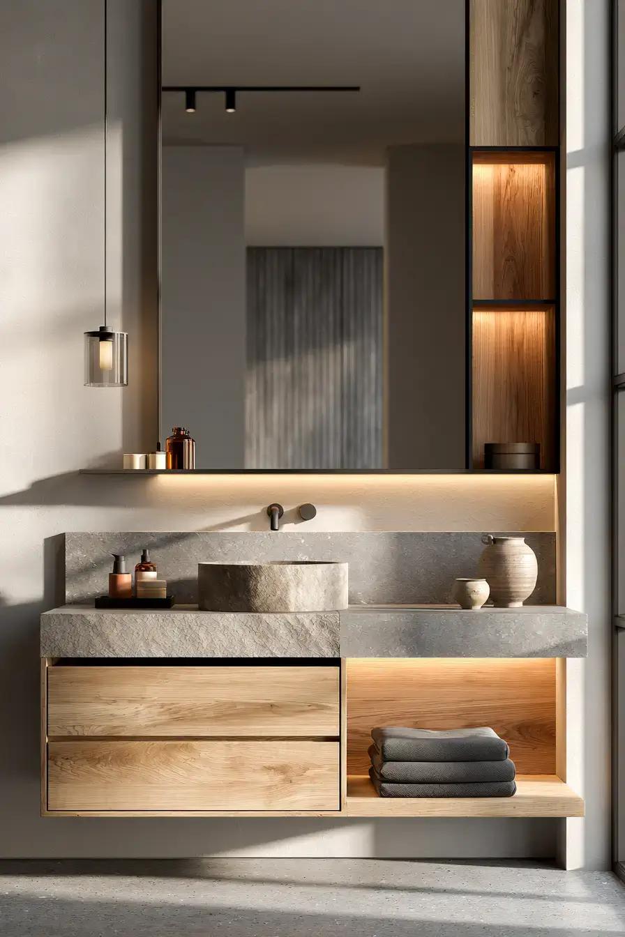 Elegant Japandi bathroom with a floating vanity, hidden storage, and wood accents