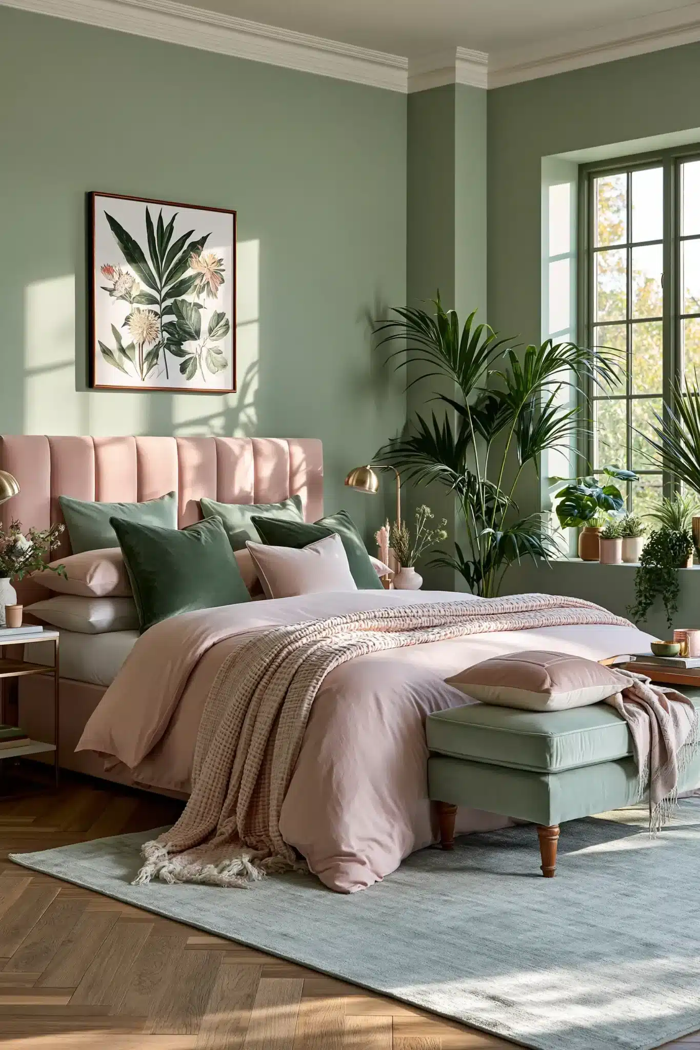 Elegant sage green and blush bedroom with floral accents, velvet, and refined finishes.