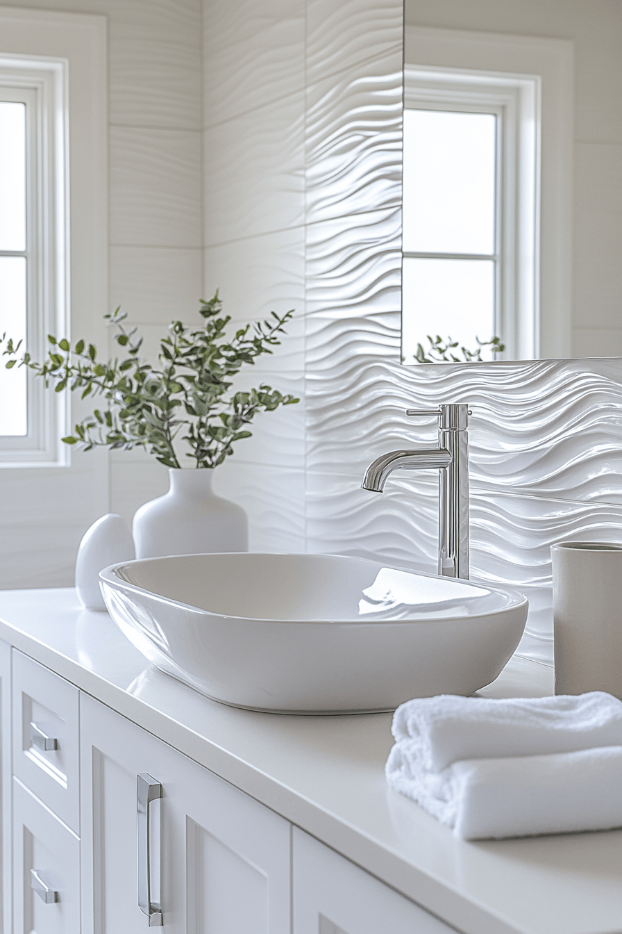 Crisp beachy bathroom with layered whites, matte tile, and subtle coastal texture