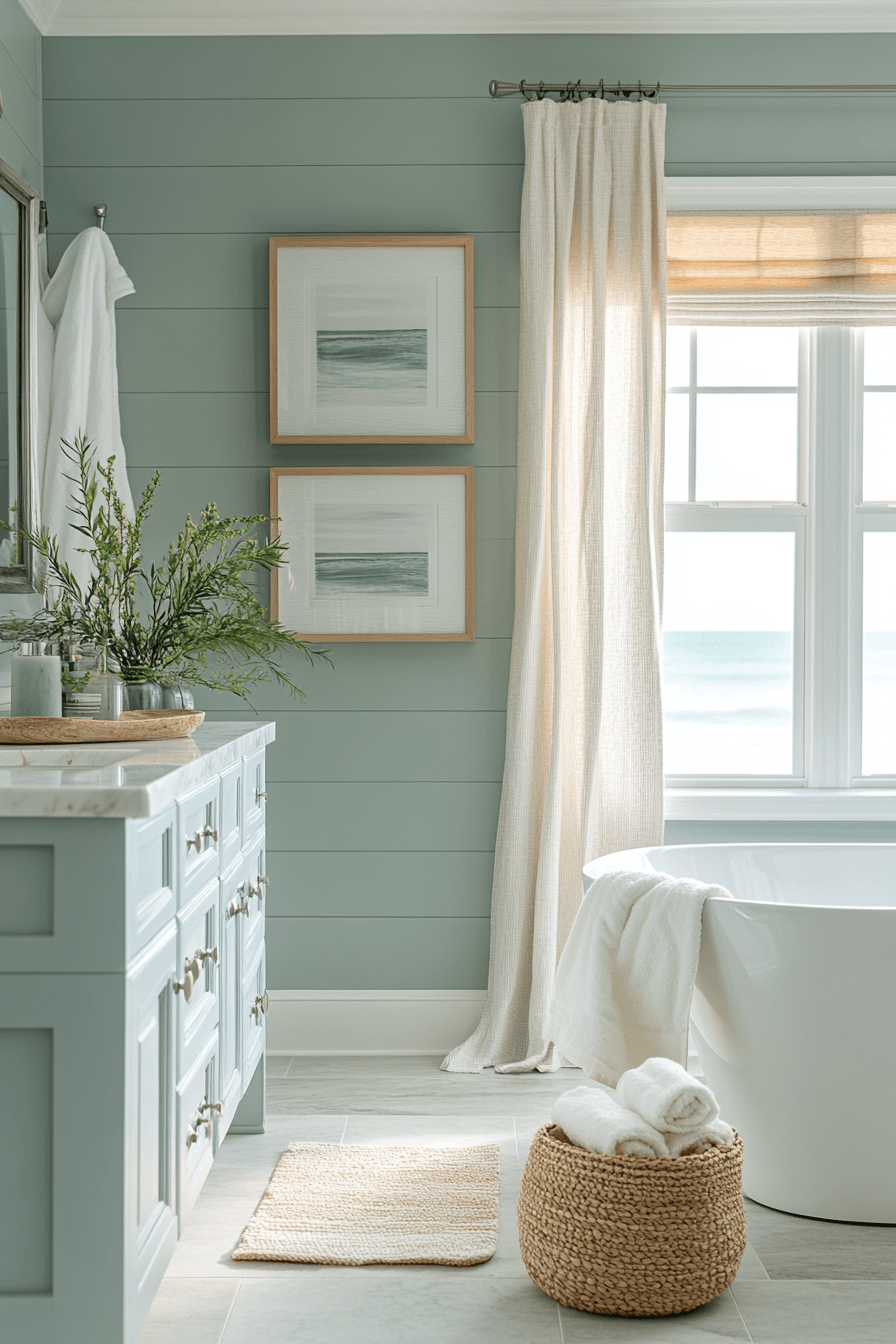 Beachy bathroom in misty blues, fog gray, white marble, and wood tones