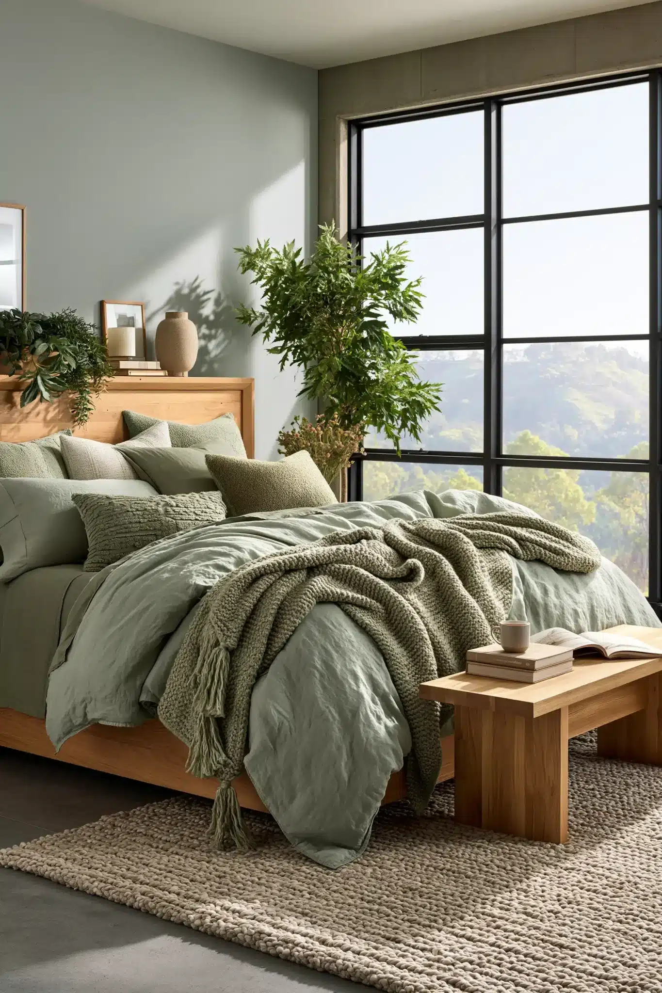 Woodland-inspired sage green and grey bedroom with natural textures and a soft modern look
