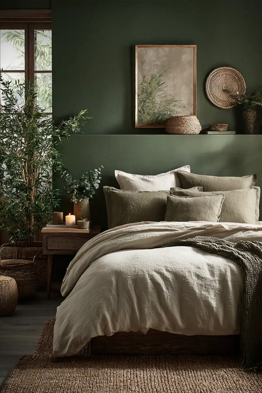 A forest green boho bedroom with cream bedding, wood furniture, and soft ambient light