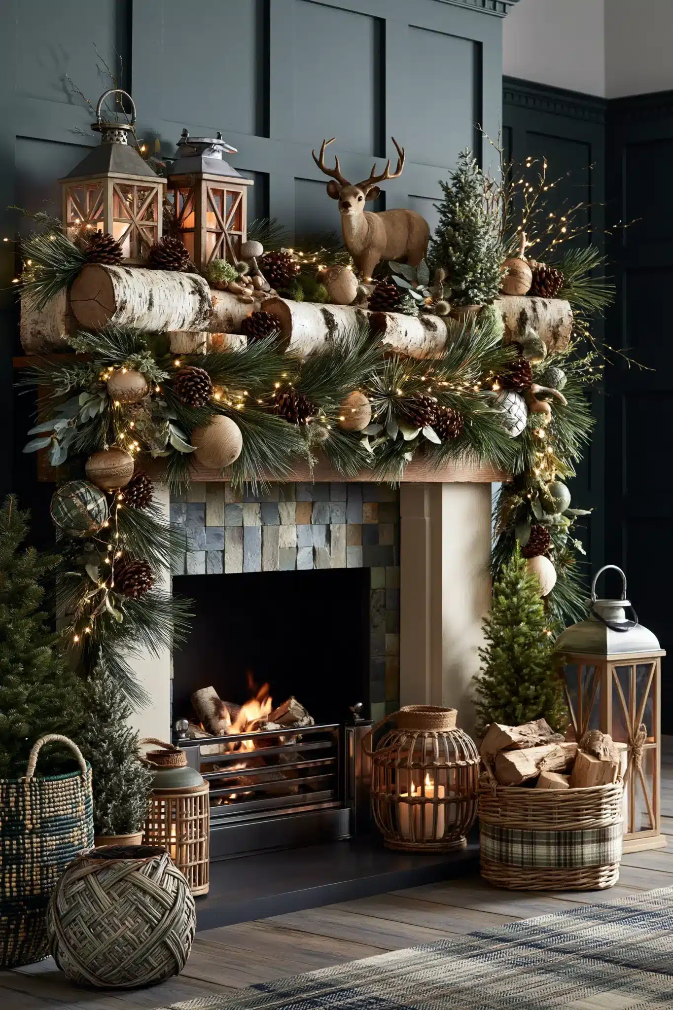 A woodland-themed Christmas fireplace with pine, wood accents, and cozy lights.