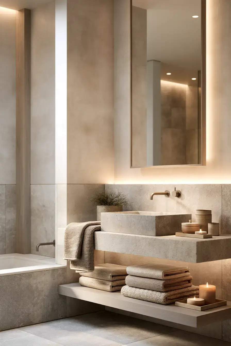 Timeless Japandi bathroom with muted neutral colors, texture, and quality finishes