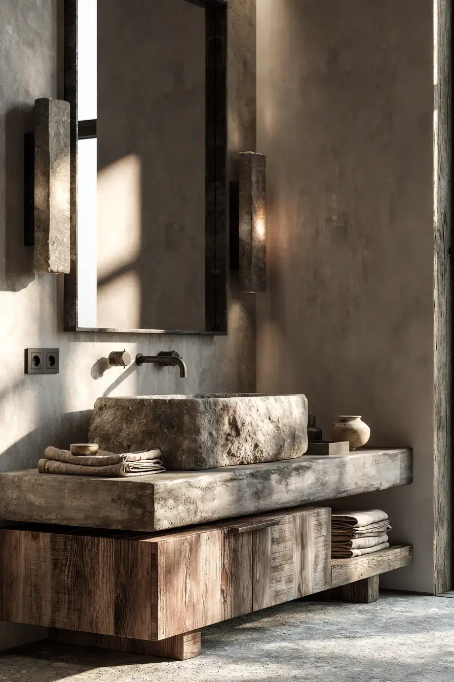 A timeless bathroom with a stone vessel sink, a wooden stool, and simple lighting