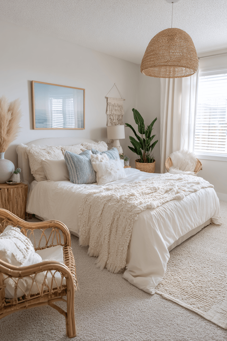 Beachy boho bedroom with sand-colored walls, white bedding, sea-inspired decor, and driftwood accents