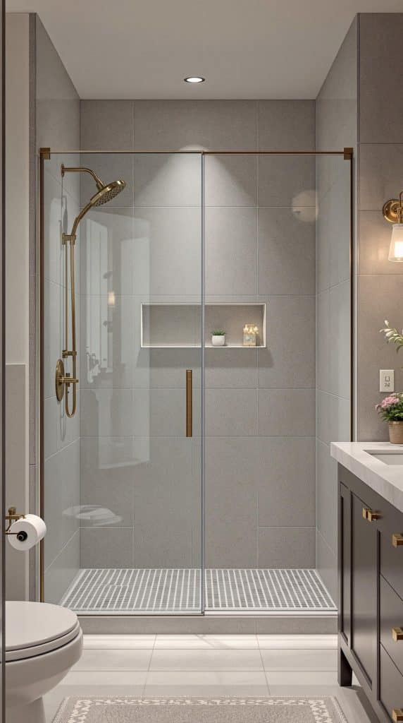 Seamless glass walk-in shower enclosure in a small bathroom.