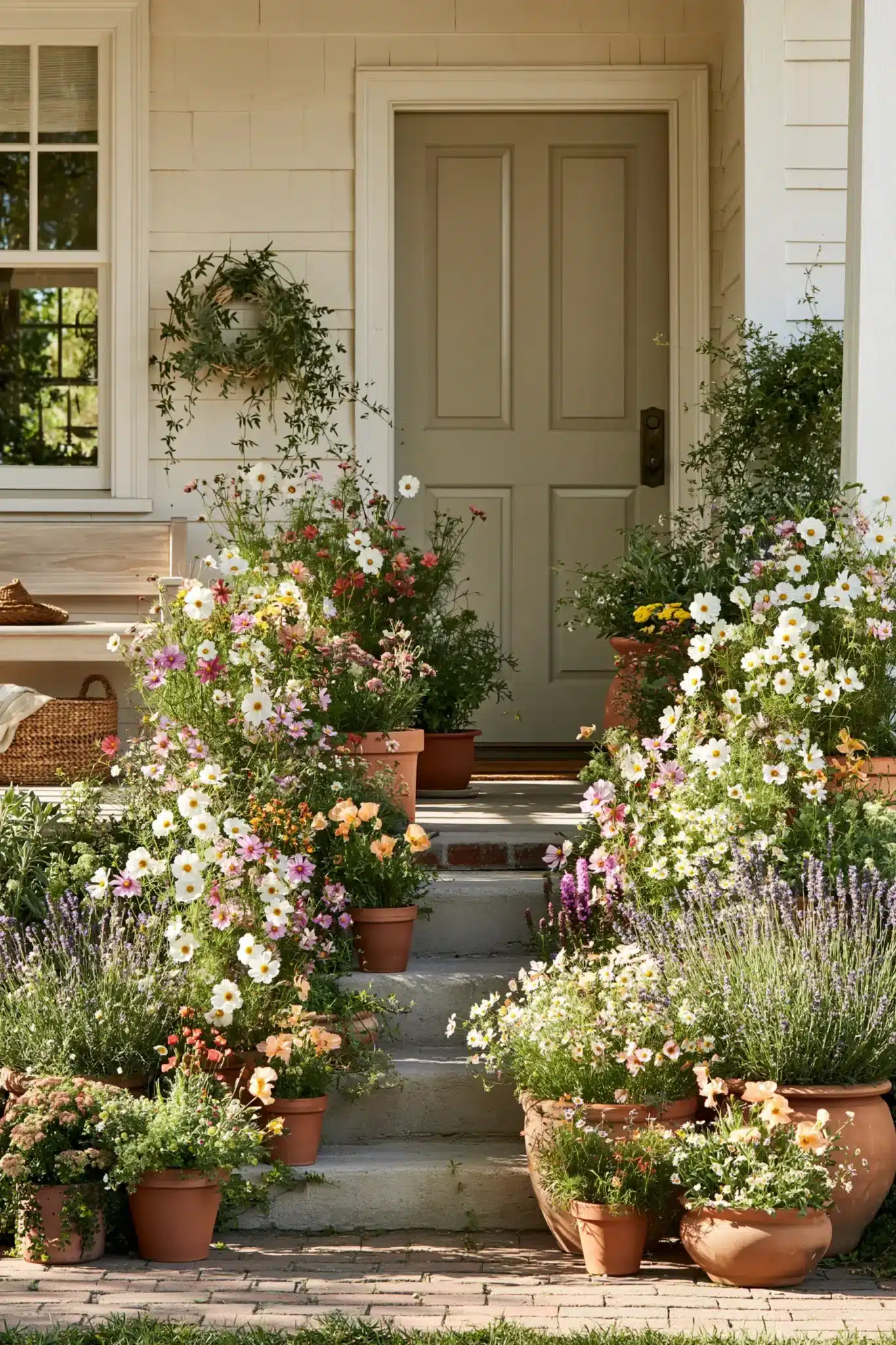 A relaxed spring porch filled with wildflowers, varied pots, and natural garden charm.