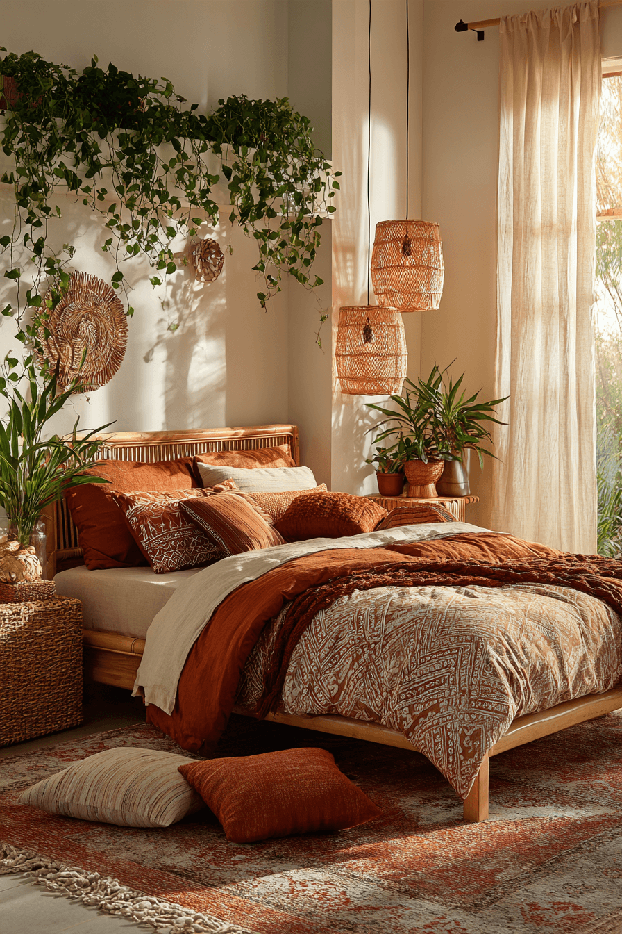 Boho bedroom with hanging plants, woven baskets, and layered earthy textiles