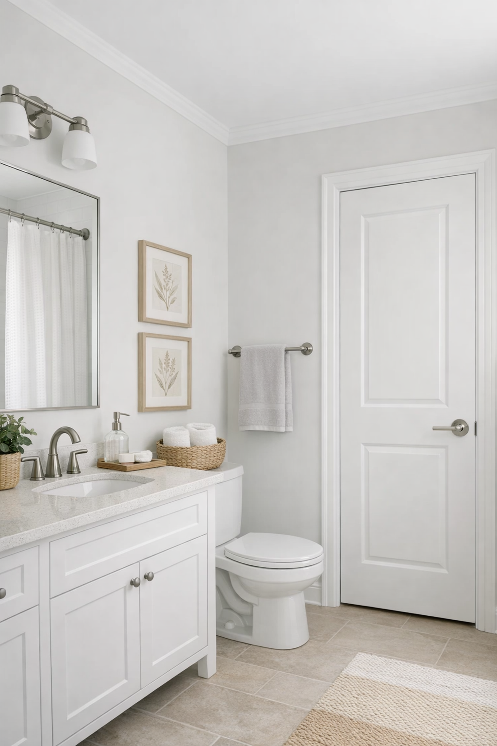 Bathroom with freshly painted trim and door for a clean budget-friendly update