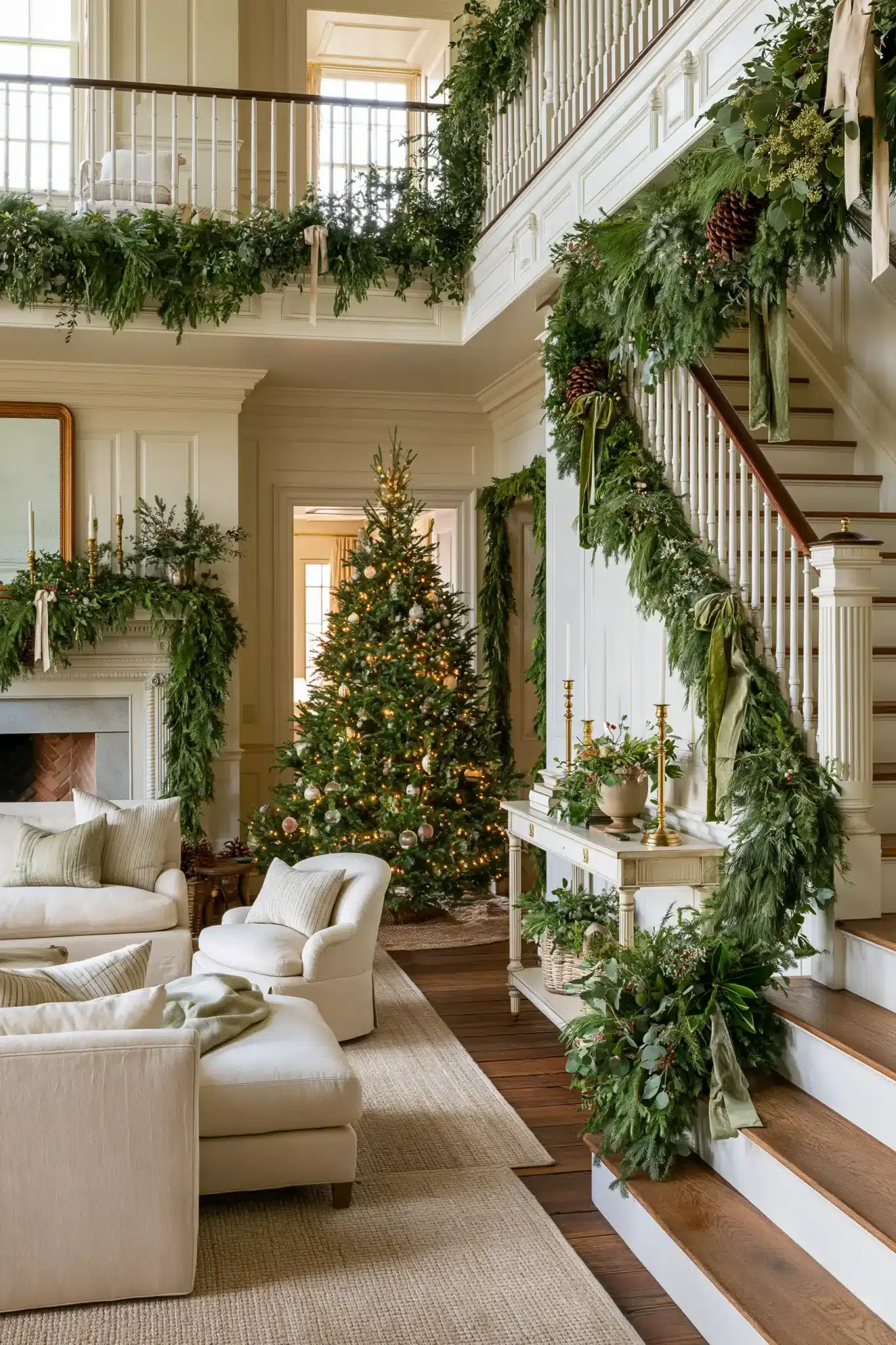 Evergreen garlands and wreaths used as elegant traditional Christmas decor.