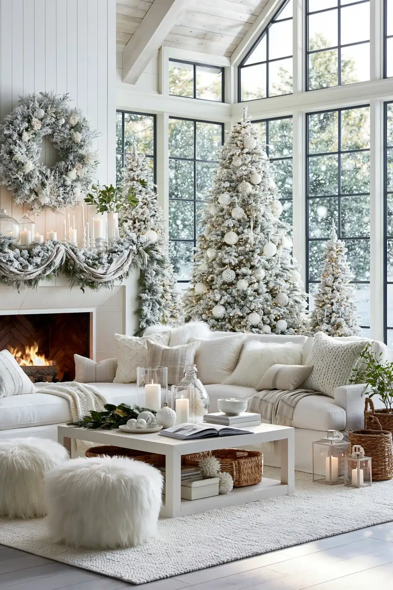 Fresh snowfall inspired holiday decor with frosted greenery and white Christmas ornaments