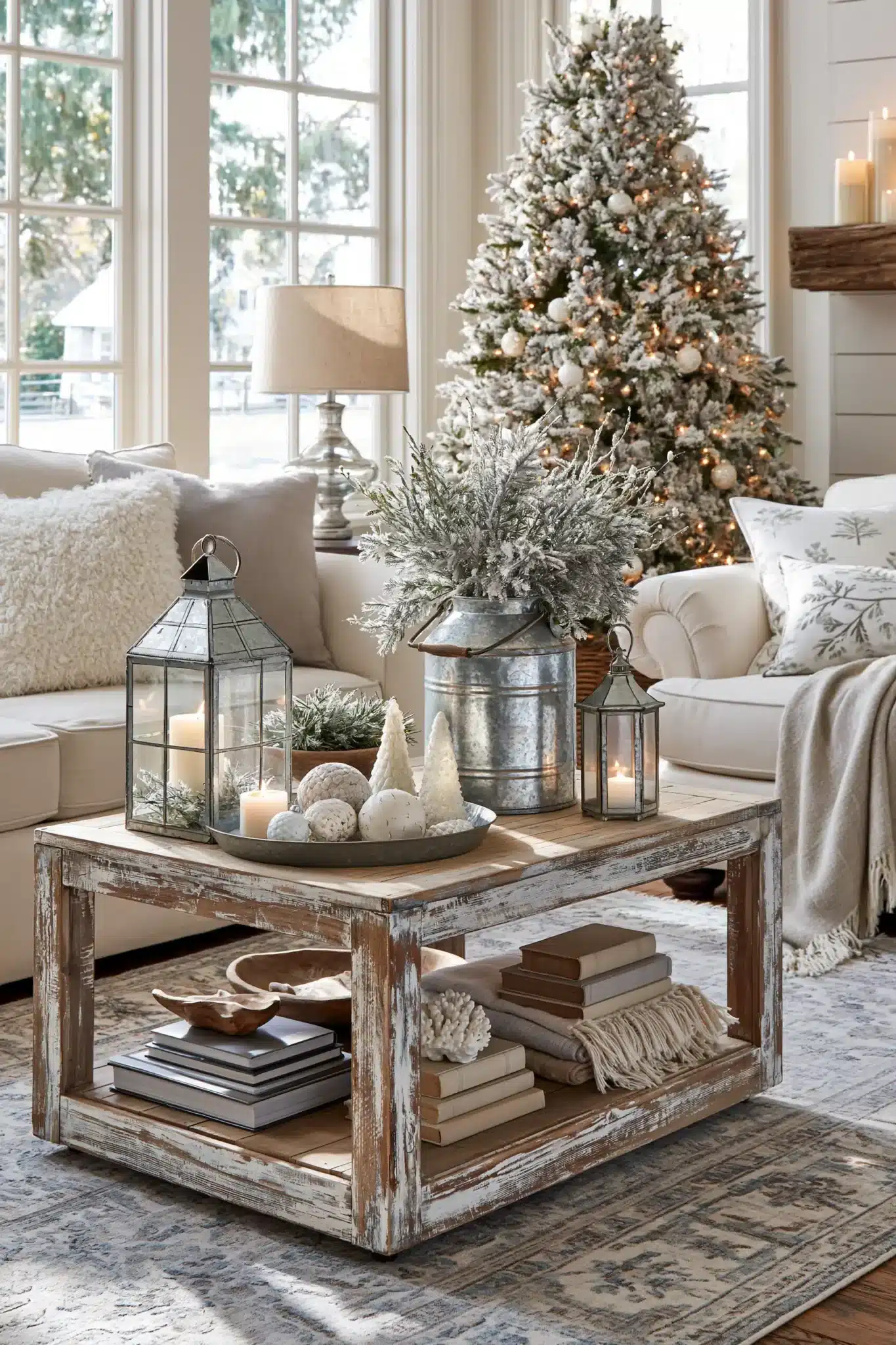 Icy farmhouse interior with white Christmas decor, rustic wood, galvanized metal, and greenery