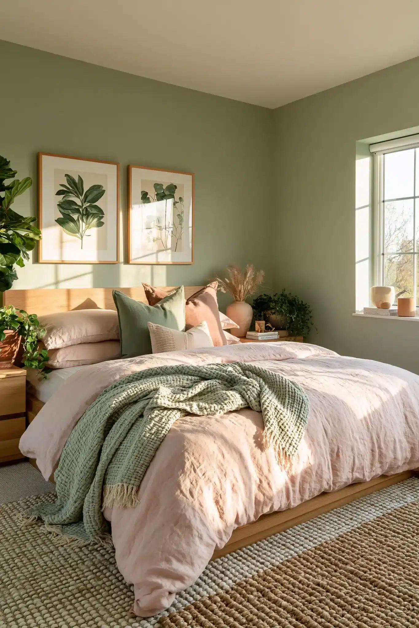 Sage green and blush bedroom with leafy plants, floral art, and warm neutral furniture.