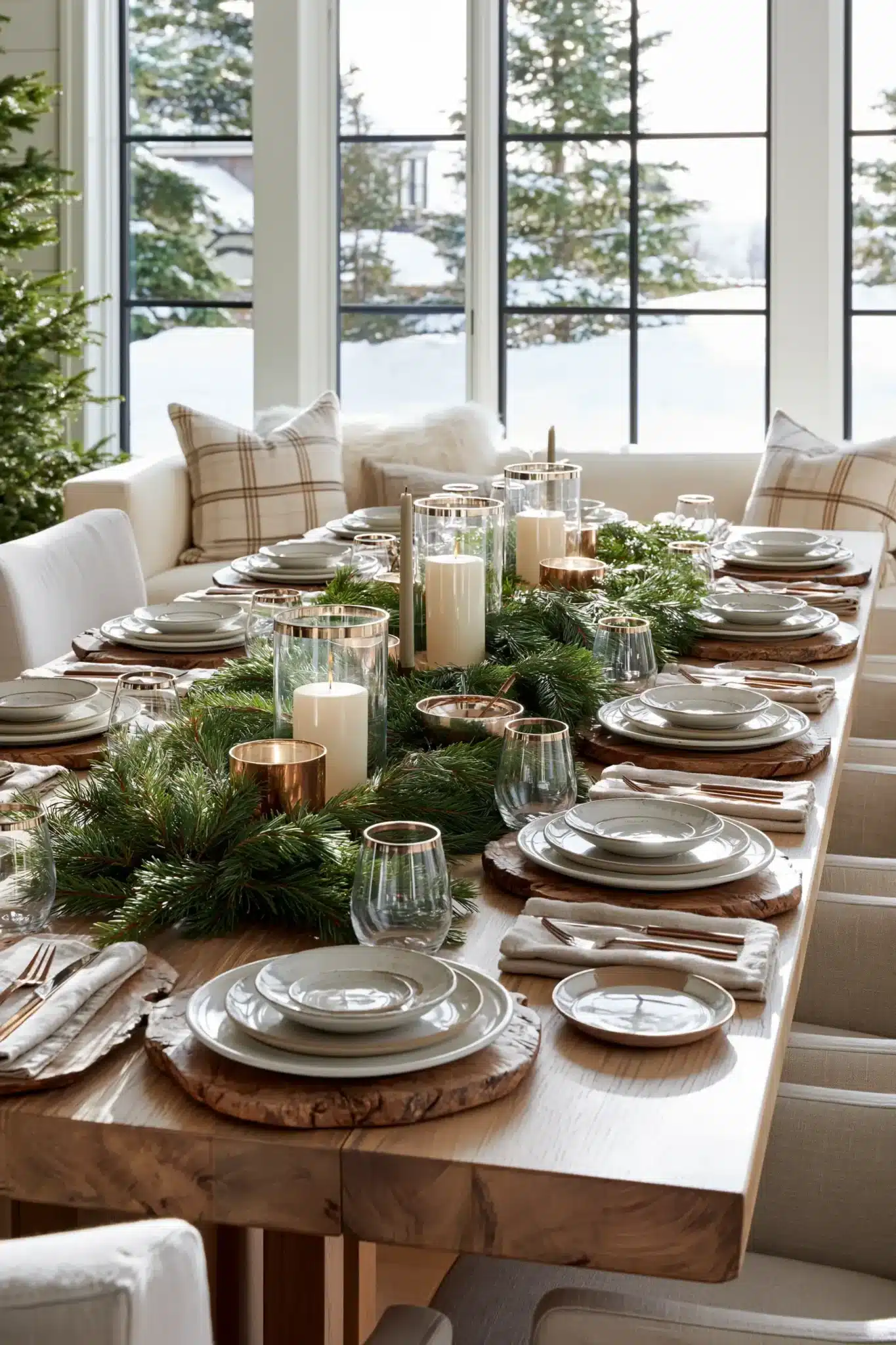 A Christmas table styled with natural pine branches, wood chargers, and linen napkins