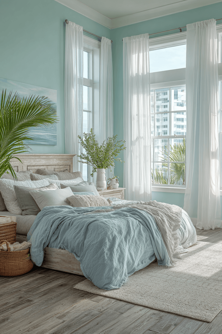 Light aqua coastal bedroom with sheer curtains linen bedding and simple low furniture