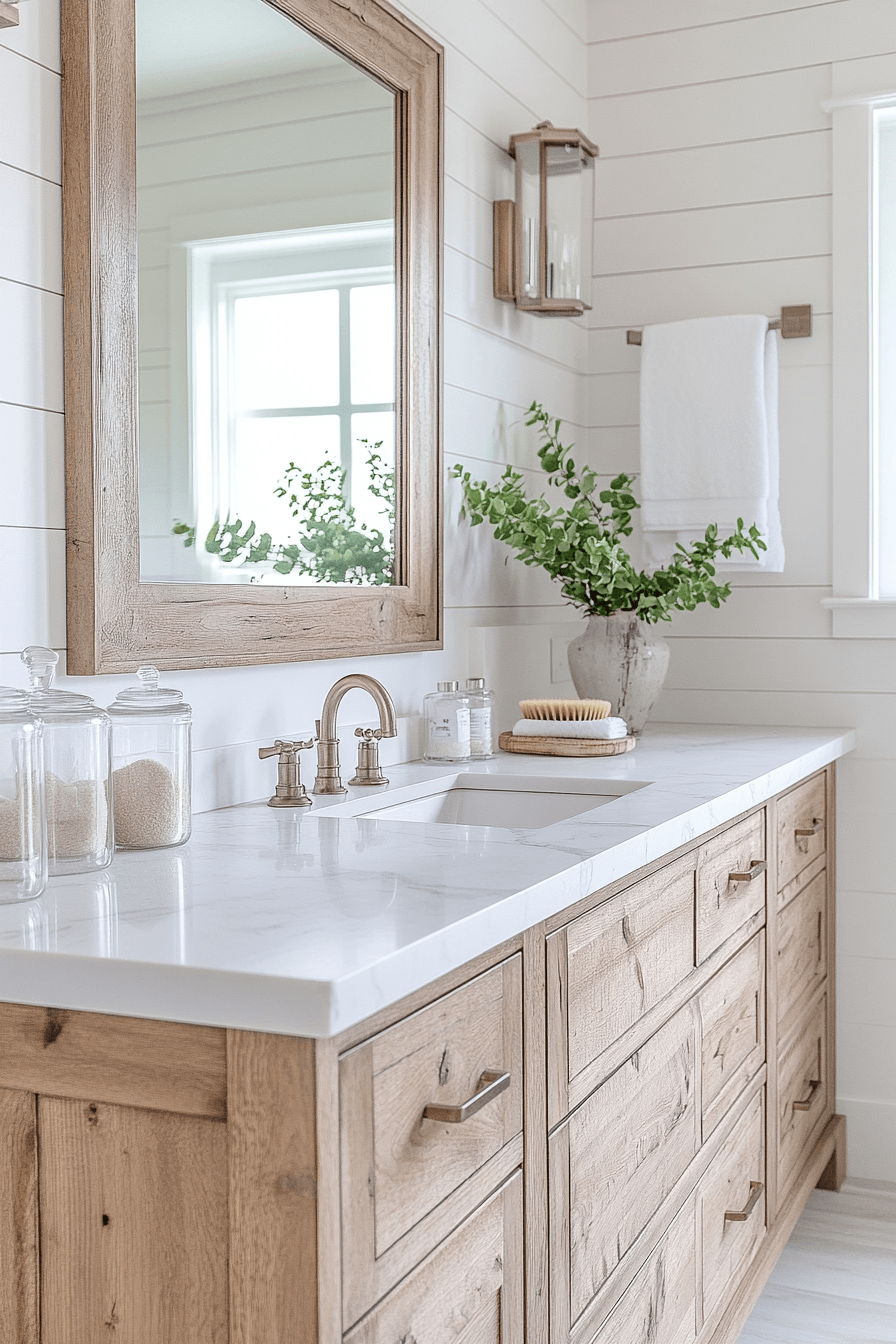 Clean beachy bathroom with white walls, soft wood, bright mirror, and simple nautical details