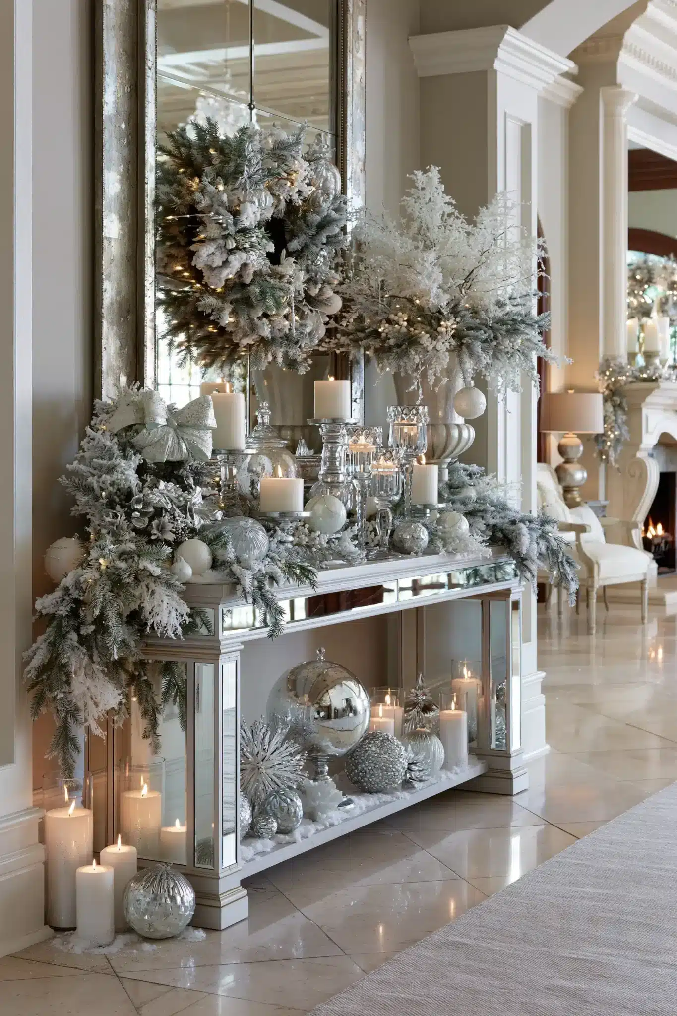Frosted evergreen Christmas entryway table with snowy branches, white accents, and soft lighting