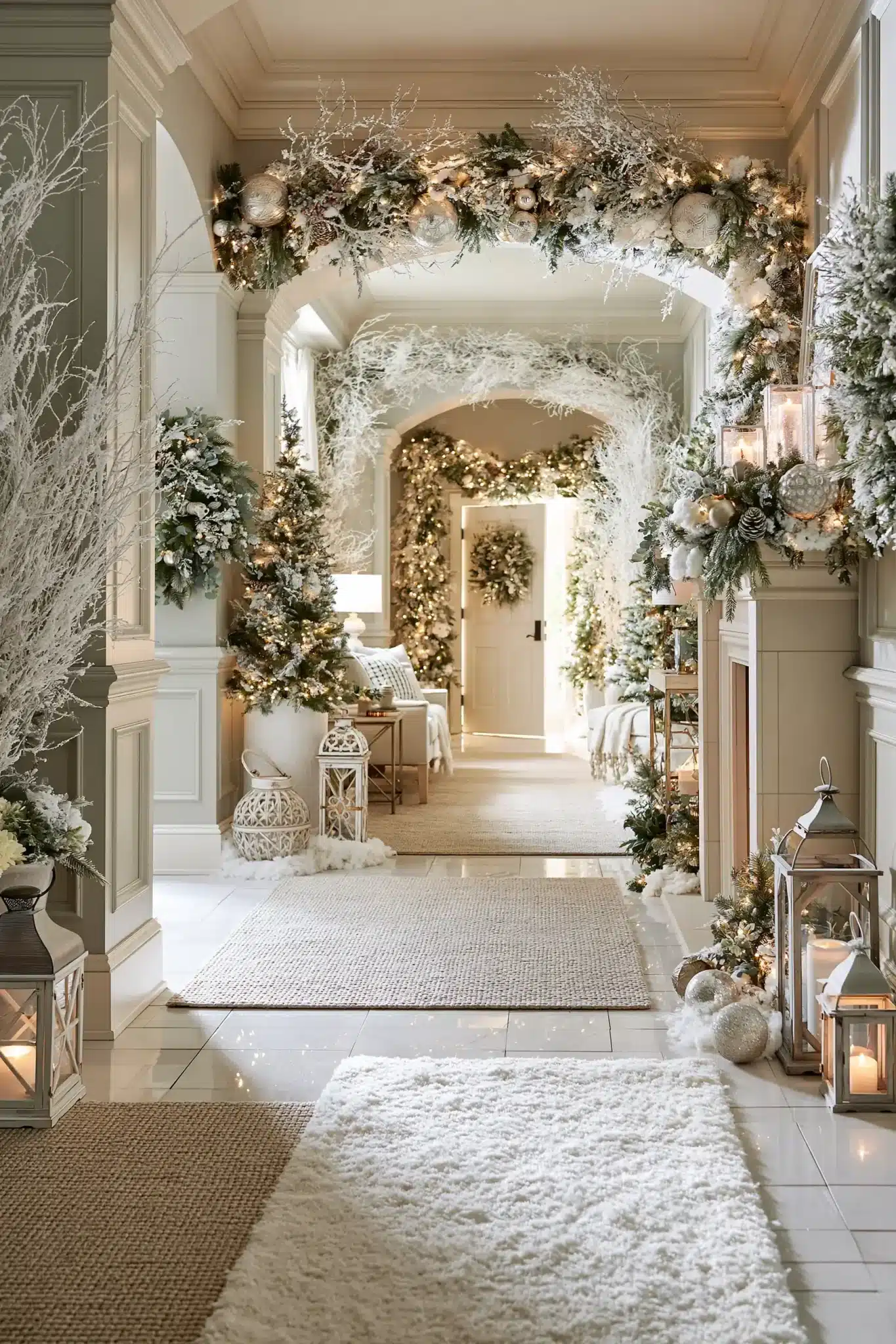 Hallway decorated with frosted branches, snowy garlands, and soft winter lighting