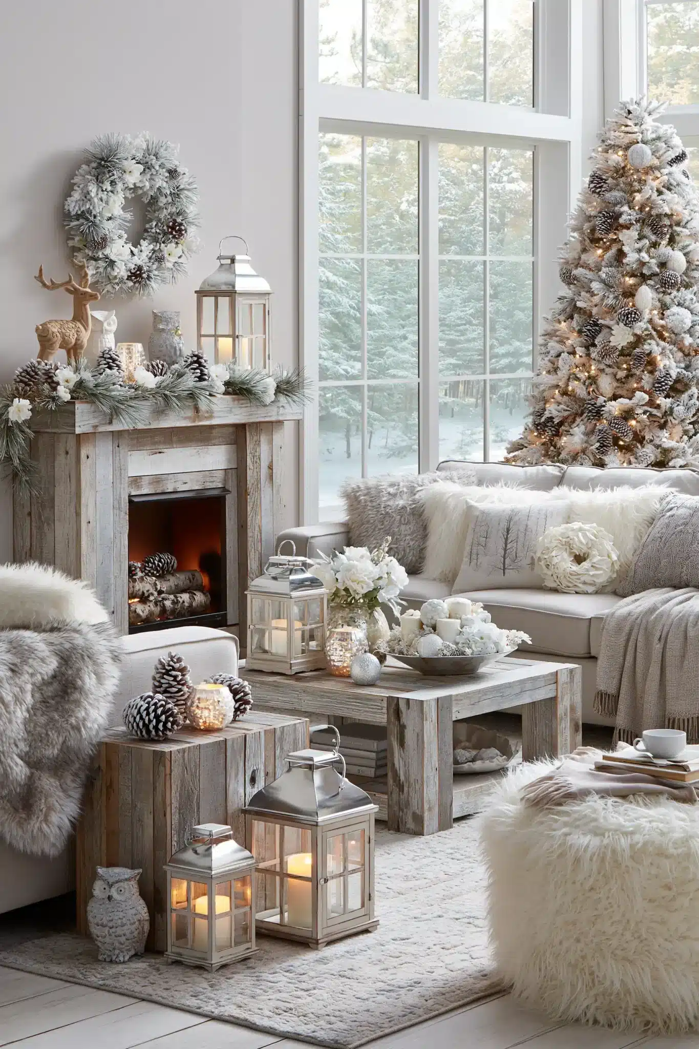 Woodland holiday room with frosted branches, white Christmas decor, pinecones, and lantern light
