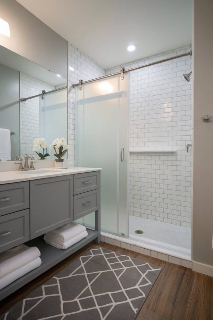Frosted glass walk-in shower offering privacy in a small bathroom.
