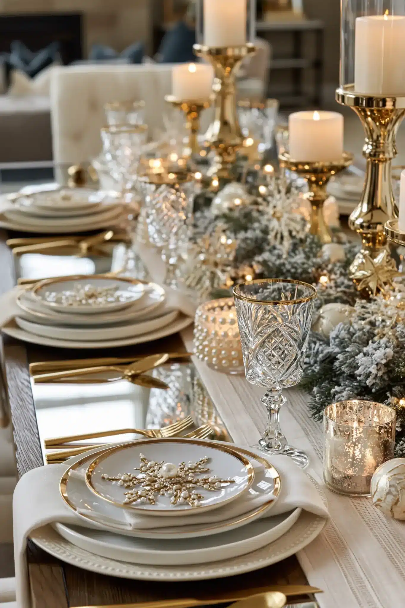 A festive holiday table with white dinnerware, gold flatware, candles, and evergreen centerpiece.