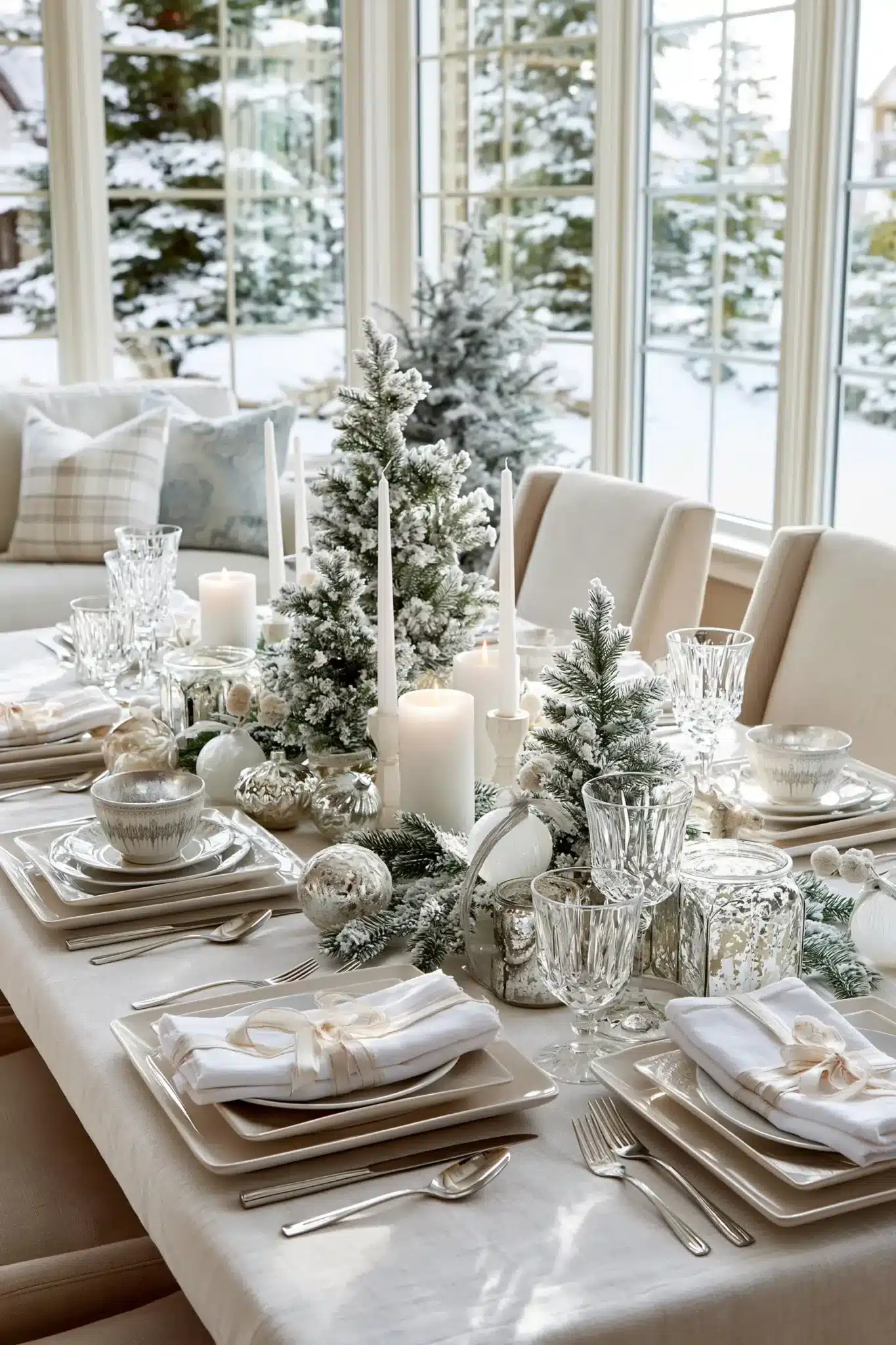 A frosted evergreen Christmas table decorated with silver details and white candles