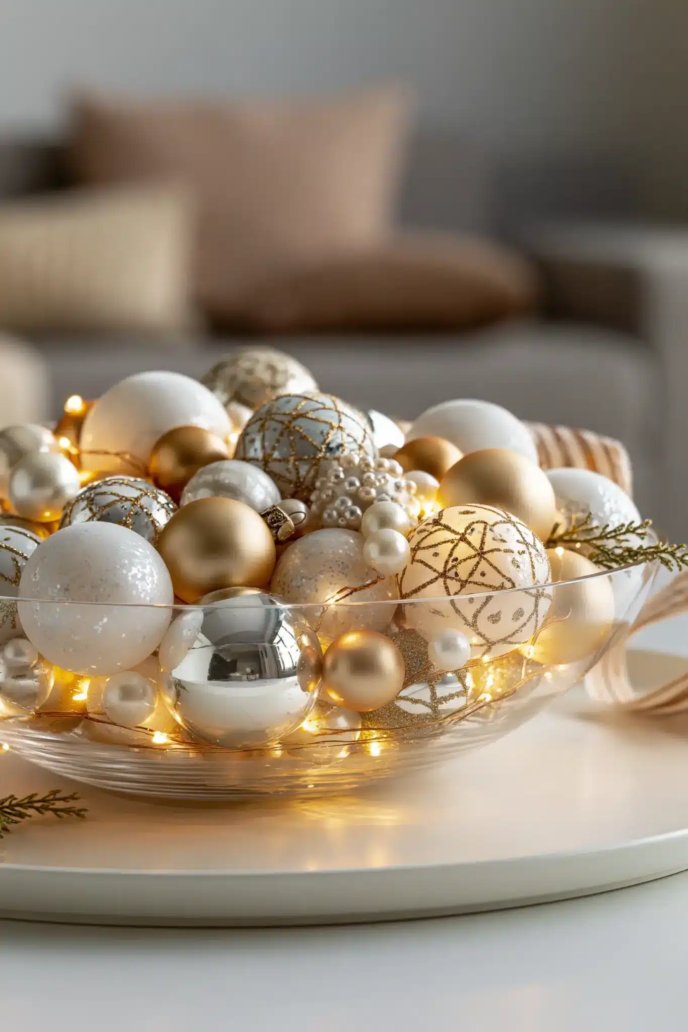 A decorative bowl filled with frosted white and gold Christmas ornaments.