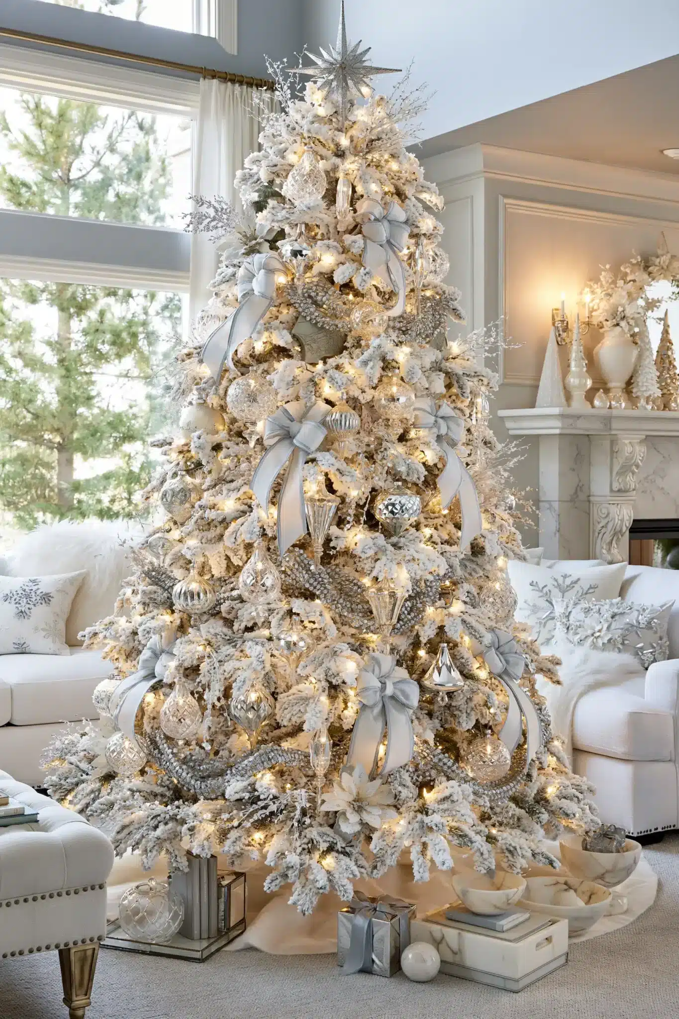 Frosted snowy pine Christmas tree with white ribbons and silver ornaments