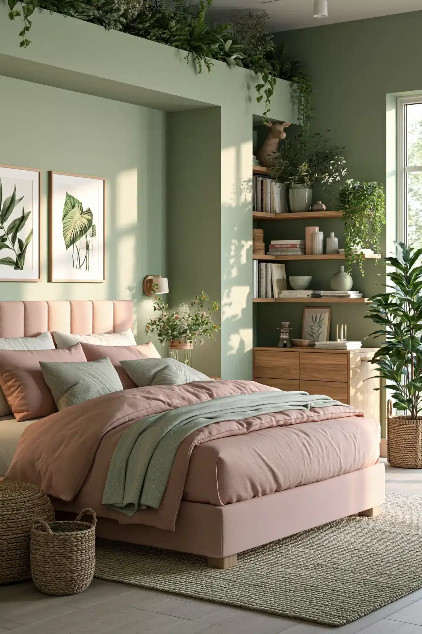Dreamy sage green and blush bedroom corner with layered bedding and warm lighting.