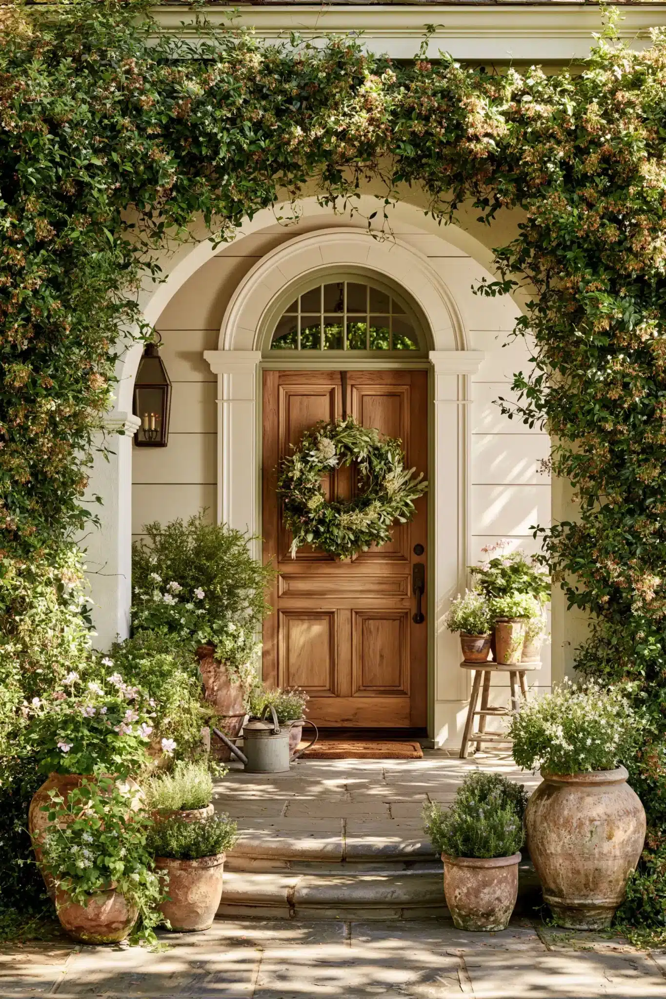 A charming spring porch with layered plants, garden pots, and a welcoming cottage-style entrance.