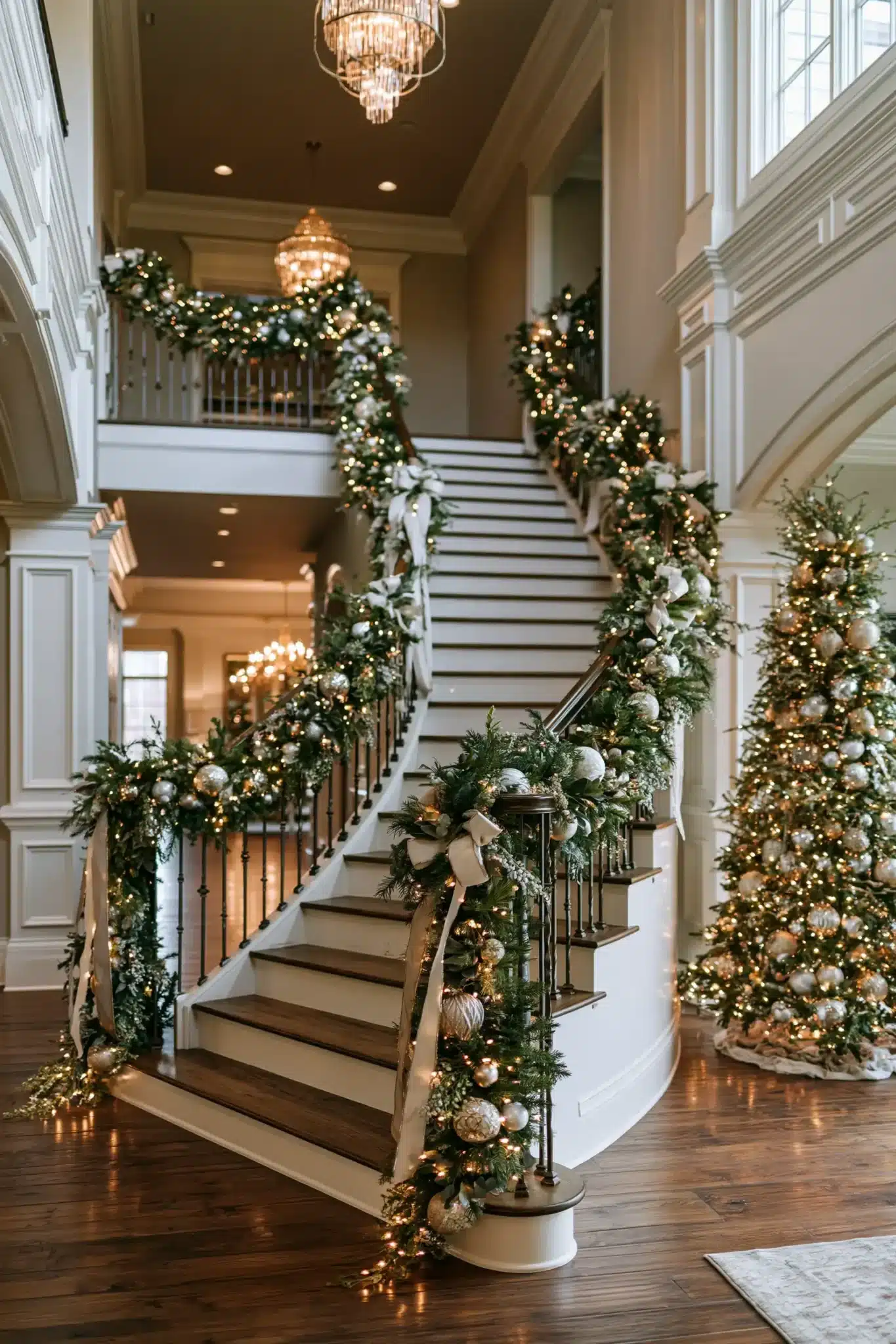 A staircase wrapped in garland and Christmas lights