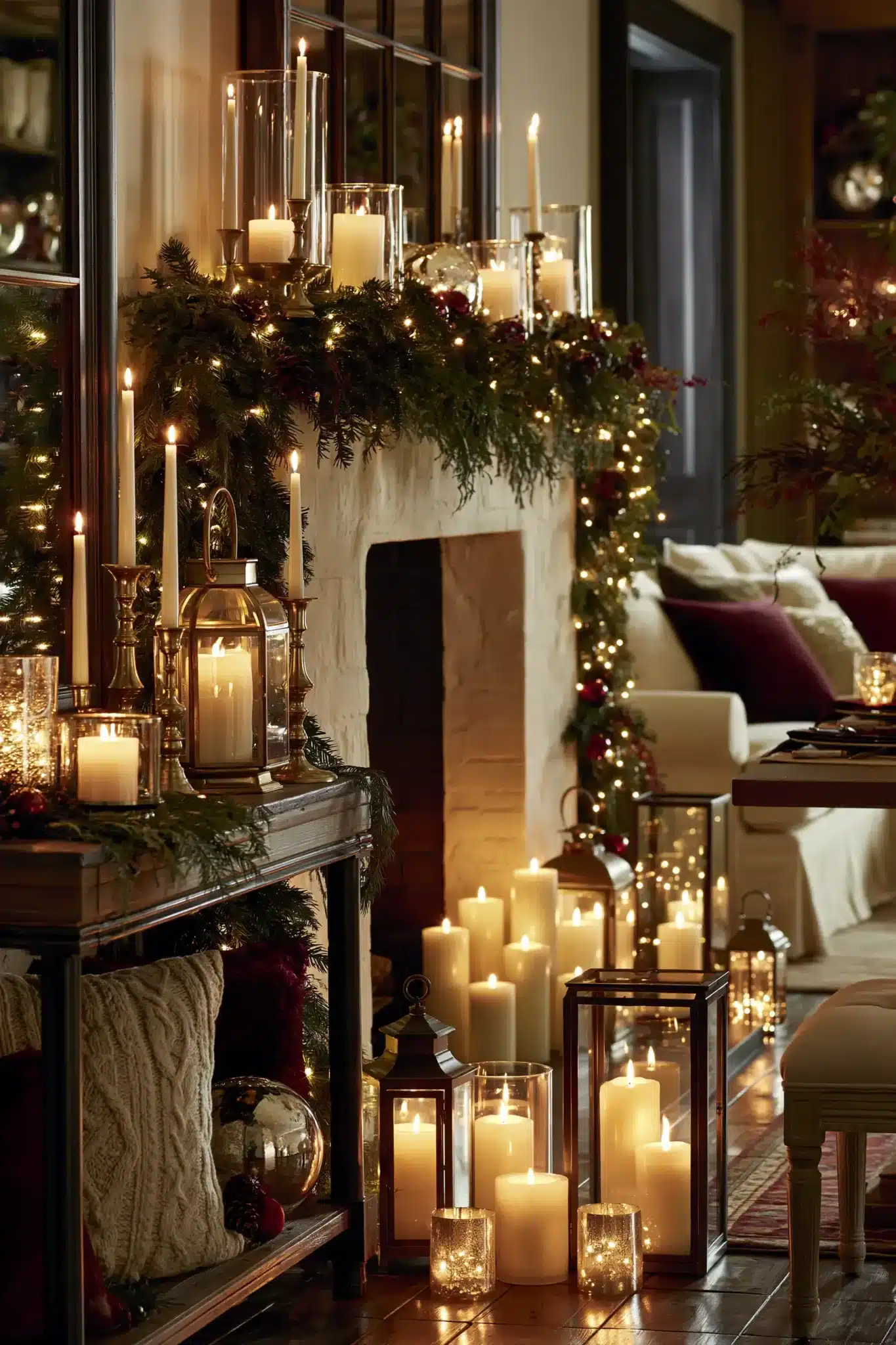 Warm candlelit Christmas decor with candles, glass accents, and greenery.