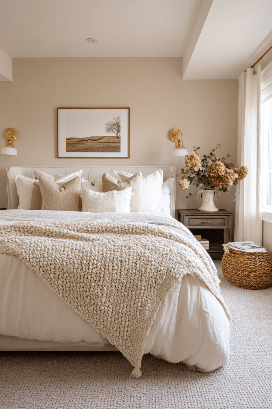 A warm bedroom with subtle gold finishes, ivory bedding, and soft neutral walls